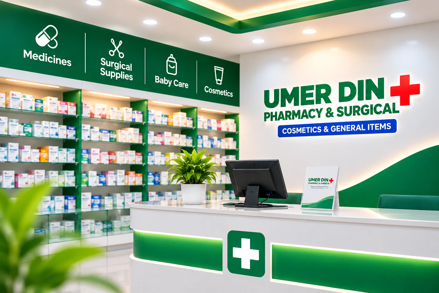 Modern branded interior visualization of Umer Din Pharmacy & Surgical featuring organized medicine shelves, healthcare department signage, and dispensary counter